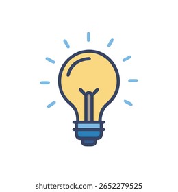 A stylized lightbulb icon glows brightly on a White Background, radiating light. Minimalist flat design style with blue and yellow tones.