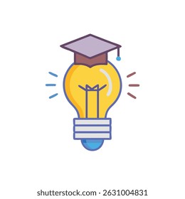 Stylized lightbulb wearing a graduation cap on White. Minimalist vector graphic illustration conveys intelligence and bright ideas.