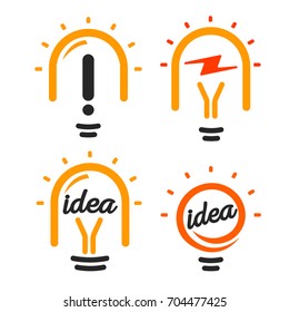 Stylized lightbulbs logo set, new idea and solution abstract symbol, flat bright cartoon incandescent light bulb collection. Isolated simple vector icon on vector background.