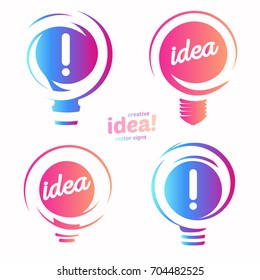 Stylized lightbulbs logo set, new idea and solution abstract symbol, flat bright cartoon incandescent light bulb collection. Isolated simple vector icon on vector background