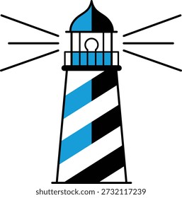Farol estilizado com listras azuis pretas e brancas emitindo feixes de luz beacon marítimo