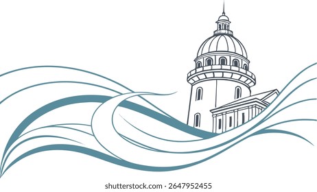 Stylized lighthouse or domed building surrounded by dynamic blue waves. Ideal vector art for maritime, travel, and coastal themes.