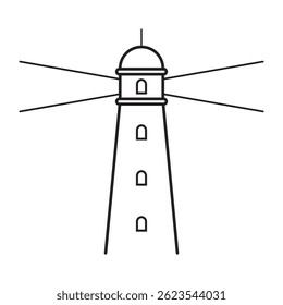 A stylized lighthouse in outline form with symmetrical light rays, great for educational, decorative, or digital marine illustrations.