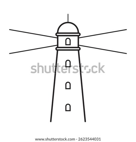 A stylized lighthouse in outline form with symmetrical light rays, great for educational, decorative, or digital marine illustrations.
