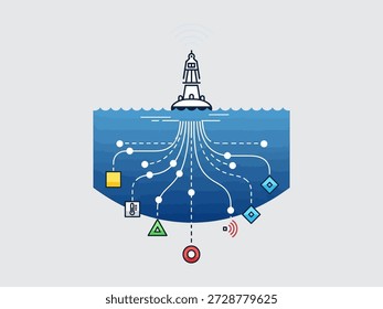 Stylized lighthouse with underwater network diagram illustration