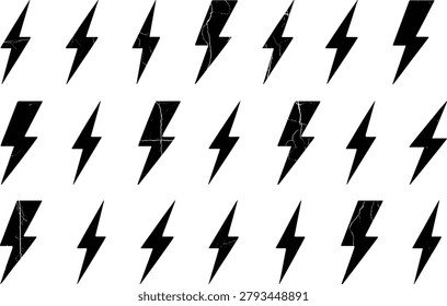 Stylized lightning bolt icon grid with unique distortions and shapes. Ideal for vector, illustration, template, pattern, mockup, and abstract or puzzle-themed stock content.