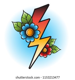 Stylized lightning zigzag and flowers illustration in the style of old school tattoos.