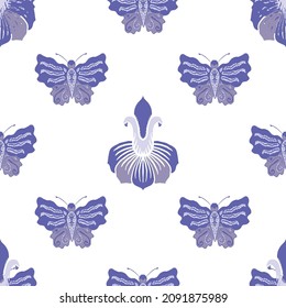 Stylized lily floral and butterfly vector seamless background. Periwinkle purple violet vintage stencil effect flowers flying insects geometric design. Historical style nature duotone all over print