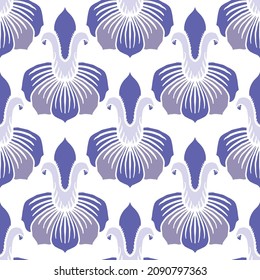 Stylized lily floral vector seamless background. Periwinkle purple violet vintage silhouette flowers geometric backdrop. Botanical repeat. Historical style flower duotone all over print for summer