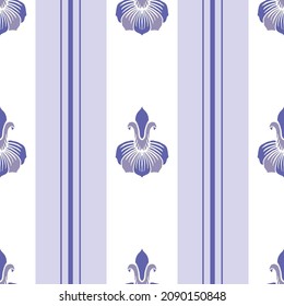Stylized lily flowers and stripes vector seamless background. Periwinkle purple violet vintage style floral geometric stripe backdrop. Botanical repeat. Flower duotone all over print for summer