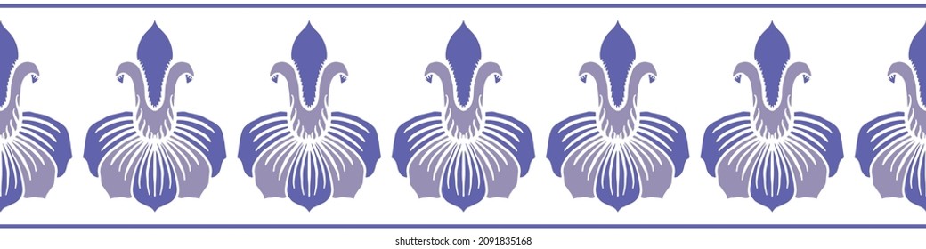 Flores de lirio estilizadas y rayas vectoriales de fondo sin fisuras. Banner de rayas geométricas florales de color blanco violeta perwinkle. Diseño botánico de arte deco para cinta, borde, guarnecido