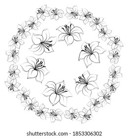 Stylized Lily flowers.Black and white drawing. Round frame. Isolated flowers.