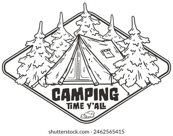 Stylized line art badge featuring a tent nestled among pine trees for outdoor adventure and camping enthusiasts.