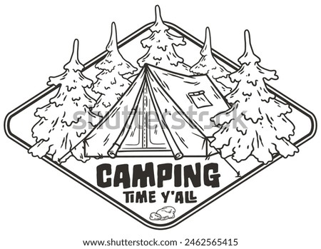 Stylized line art badge featuring a tent nestled among pine trees for outdoor adventure and camping enthusiasts.