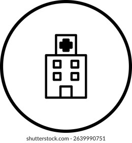 Stylized Line Art Depiction of a Hospital Building within a Circular Frame