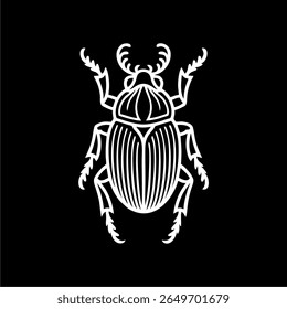 A stylized line art drawing of a beetle, depicted in white against a black background. The insect's details are emphasized through clean lines and geometric ...