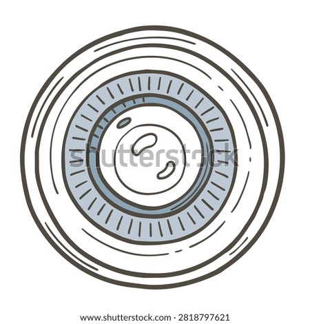 A stylized line art drawing of a camera lens featuring circular rings and aperture details in a flat design