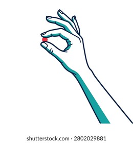 A stylized line art drawing of a hand pinching a tiny red tablet representing medicine healthcare or a choice between two options in a conceptual style