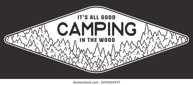 Stylized line art emblem featuring a tranquil mountain forest scene of outdoor adventure and the soothing experience of camping in the wild.