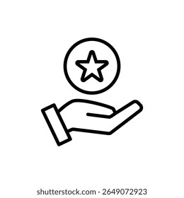 La estilizada mano de arte lineal sostiene suavemente una moneda de estrella contra un fondo blanco limpio, transmitiendo conceptos de logro o recompensas y es ideal para un diseño minimalista de Sitio web o App.