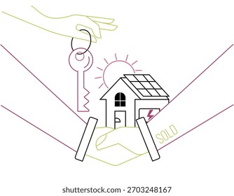 Arte estilizada em linha de um aperto de mão em frente a uma casa movida a energia solar, com uma mão segurando uma chave acima, simbolizando imóveis ecológicos, compra de casas e venda de propriedades sustentáveis.