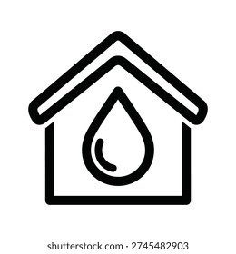 Stylized line art icon depicting a house outline with a water droplet inside. This symbol represents essential services, plumbing, or sustainability. Ideal for home services, real estate, or environmental campaigns.