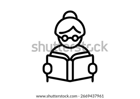 Stylized line art icon of an elderly woman with glasses reading an open book, representing knowledge and learning.