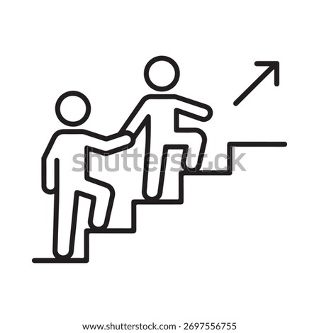 Stylized line art icon of one person helping another climb stairs, symbolizing growth, support, and progress with an upward arrow.