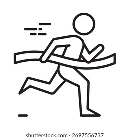 Stylized line art icon of a runner crossing the finish line, symbolizing achievement and victory.