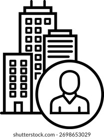 Ícone estilizado da arte em linha mostrando uma silhueta de pessoa dentro de um círculo, com edifícios de escritório modernos no fundo.