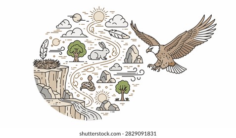 Stylized line art illustration of a bald eagle soaring toward a circular landscape containing a cliff, waterfall, wildlife, and sun icons on a white background.