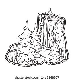 Stylized line art illustration capturing the essence of outdoor camping. Showcases a scenic forested trail with towering trees and a mountain outline for nature and hiking enthusiasts.
