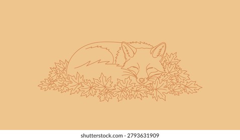 A stylized line art illustration of a fox sleeping peacefully curled up amidst a pile of autumn leaves against a muted background.