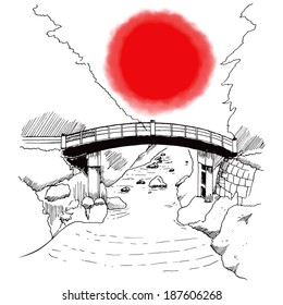 Stylized line art illustration of Japanese river bridge with red circle on background at Nikko