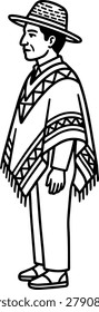 A stylized line art illustration of a man wearing a traditional poncho with patterned trim and a wide-brimmed hat, standing in profile.