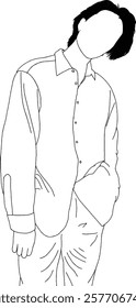 Stylized line art illustration of a person dressed in modern casual attire, including a shirt and pants, depicted in a minimalist, monochromatic fashion, emphasizing simplicity, style.