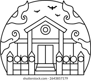 Stylized Line Art Illustration of a Traditional House in a Circular Frame Featuring Ornamental Clouds Birds and a Classic Picket Fence a Blend of Culture and Art
