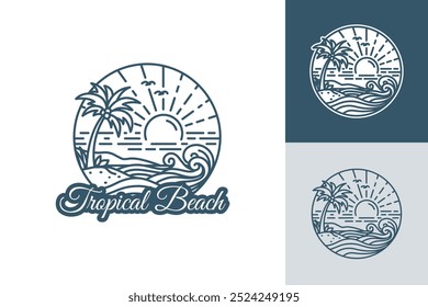 Una ilustración estilizada del arte de la línea de una escena de playa tropical con una palmera, el sol poniente, y las olas.