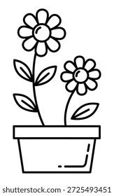 Stylized line art illustration of two blooming daisylike flowers growing in a simple planter pot isolated on a white background