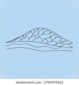 Cordilheira estilizada de arte em linha com linhas onduladas representando a água abaixo do azul claro