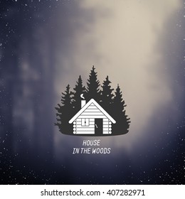 stylized line art sign with small house in the woods