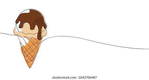 Stylized line art of a vanilla ice cream cone with rich chocolate syrup, blending minimal design with sweet dessert aesthetics.
