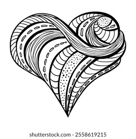 Stylized Line Art Wavy Heart Line Art Illustration for Antistress Coloring Page Design or Art Print for Wall Decor