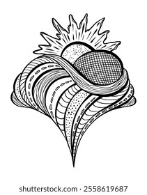 Stylized Line Art Wavy Heart with Sun Line Art Illustration for Antistress Coloring Page Design or Art Print for Wall Decor