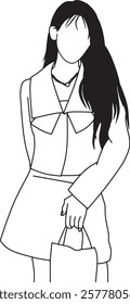 Stylized line art of a woman in a stylish suit with long hair,carrying a bag,showcasing elegance and minimalism,perfect for themes related to fashion,design, and modern art.