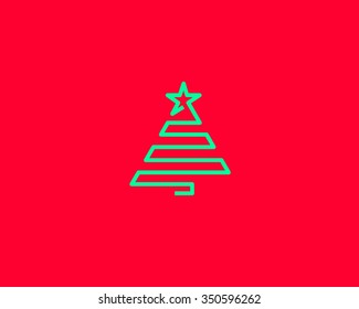 Stylized line Christmas tree with star. Spruce vector logo design, illustration. New year modern creative symbol.