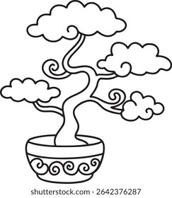 A stylized line drawing of a bonsai tree in a pot. The tree has a whimsical, cloud-like foliage and a swirling trunk, perfect for coloring pages, decorations, or illustrations.