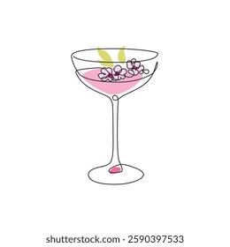 A stylized line drawing of a Cherry Martini Blossom, showcasing its pink color palette, delicate cherry garnish, and the allure of a chic cocktail experience.