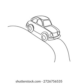 Stylized line drawing of a classic beetle car driving uphill