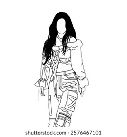 Stylized line drawing depicting a fashionable woman in intricate attire with long hair.Represents elegance,individuality,and creative art expression,perfect for themes of fashion,design,and minimalism